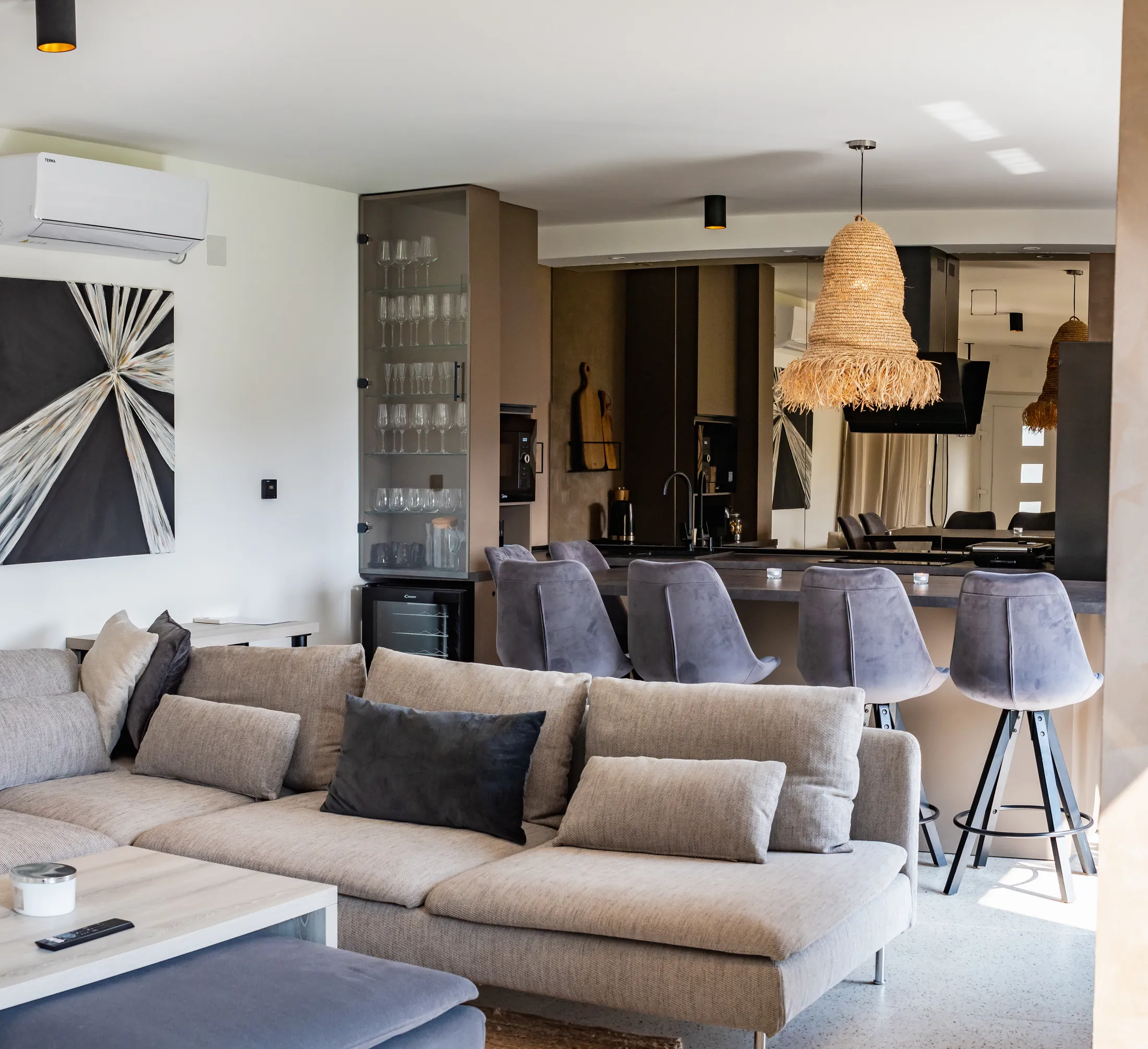Living room panorama with fireplace